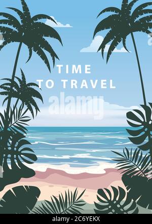 Time to travel Summer holidays vacation seascape landscape seascape ocean sea beach, coast, palm leaves. Retro, tropical leaves, palm trees, template Stock Vector