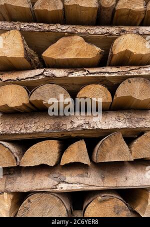 Close-up of neatly stacked firewood Stock Photo