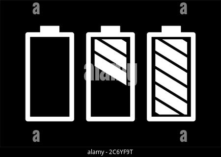 Battery Set On Black Background. Black Flat Style Vector Illustration. Stock Vector