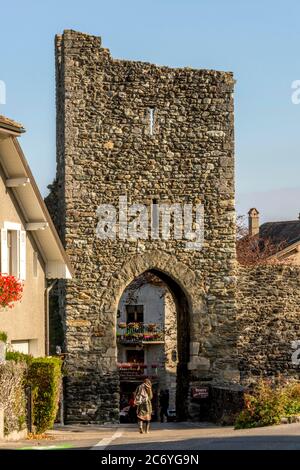 Old gateway in medieval  village of Yvoire, Haute Savoie, Auvergne Rhone Alpes. France Stock Photo