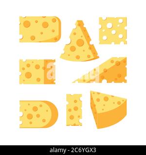 Cheese with hole various shapes slices vector set isolated on white background. Stock Vector
