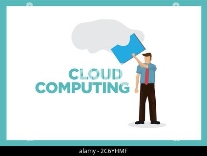 Businessman takes a document out from the cloud. Concept of cloud computing. Flat isolated vector illustration. Stock Vector