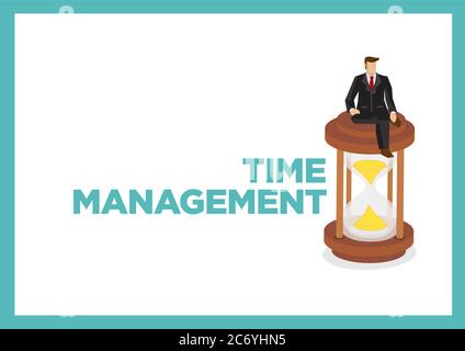 Time management concept with illustration of businessman on top of hourglass. Isolated vector illustration. Stock Vector