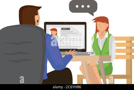 Job interview with boss looking on her resume on his computer. Employee human resources concept. Flat cartoon character vector illustration isolated o Stock Vector
