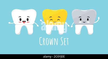 Cute tooth with dental crown emoji character set. Stock Vector