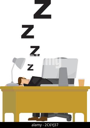 Tired businessman exhausted and sleeping in the office desk. Humor office life. Isolated vector illustration. Stock Vector