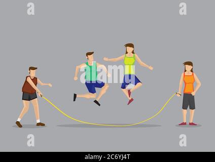 Two holding skipping rope and two skippers jumping over the rope. Cartoon vector illustration on fun fitness activity isolated on grey background. Stock Vector