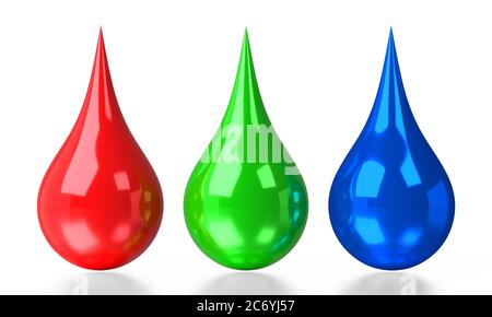 RGB ink drops - red, green, blue colors - 3D illustration Stock Photo