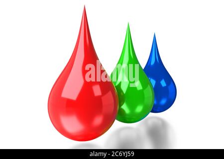 RGB ink drops - red, green, blue colors - 3D illustration Stock Photo