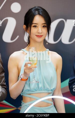 Chinese actress Zhao Liying, also known as Zanilia Zhao, attends an unveilling ceremony of Swiss luxury watch brand Longines, dressing in a water blue Stock Photo