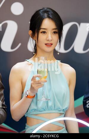 Chinese actress Zhao Liying, also known as Zanilia Zhao, attends an unveilling ceremony of Swiss luxury watch brand Longines, dressing in a water blue Stock Photo