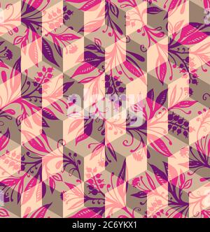 Isometric geometric seamless pattern with overlay of hand-drawn and traced floral pattern, can be used in cover design, book design, poster, cd cover, flyer, website backgrounds or advertising. Stock Vector