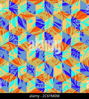 Isometric geometric seamless pattern with overlay of hand-drawn and traced flowers and leaves pattern. Abstract geometric background can be used in cover design, book design, poster, cover, flyer. Stock Vector