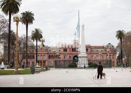 Buenos Aires, Argentina. 12th July, 2020. Few people are seen at Plaza de Mayo square in Buenos Aries, Argentina, on July 12, 2020. Argentina's nationwide COVID-19 infections reached 100,166 after 2,657 new cases were reported in the previous 24 hours, the country's Ministry of Health said on Sunday. Credit: Martin Zabala/Xinhua/Alamy Live News Stock Photo