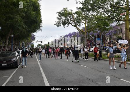 West Hollywood, CA/USA - May 29, 2020: Black Lives Matter protesters march an block Santa Monica Blvd. Stock Photo