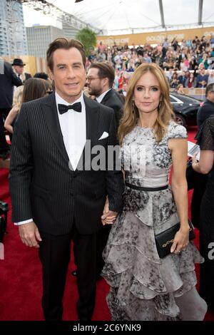 Nominated for BEST PERFORMANCE BY AN ACTOR IN A SUPPORTING ROLE IN A SERIES, MINI-SERIES OR MOTION PICTURE MADE FOR TELEVISION for his role in 'The People v. O.J. Simpson: American Crime Story,' actor John Travolta and Kelly Preston attend the 74th Annual Golden Globes Awards at the Beverly Hilton in Beverly Hills, CA on Sunday, January 8, 2017. CAP/HFPA © HFPA/ Capital Pictures /MediaPunch ***NORTH AND SOUTH AMERICAS ONLY*** Stock Photo