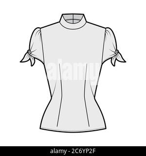 Knotted cutout blouse technical fashion illustration with high neckline, puffed volume sleeves, back zip fastening. Flat apparel template front, grey color. Women men unisex garment CAD mockup Stock Vector