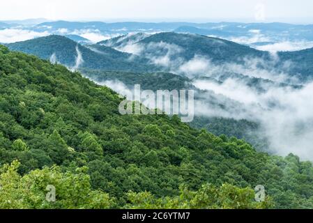 Blue Ridge Mountains scenic landscape of low-lying clouds drifting and climbing through mountain valleys in the North Georgia Mountains. (USA)