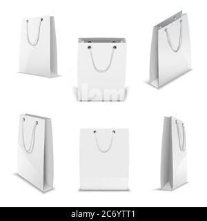 Paper bags for shopping realistic 3D vector templates set. Stock Vector