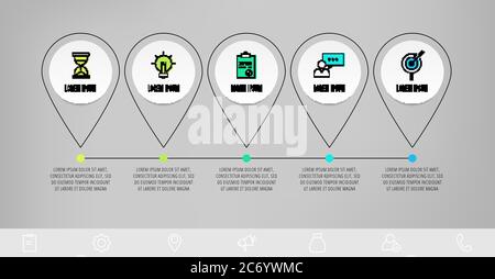 Infographics circles with 5 steps, icons. Flatline vector template. Can be used for five diagrams, business, web, banner, presentations, flowchart Stock Vector