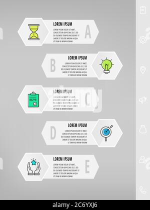 Infographics with 5 hexagons, arrows. Modern vector template. Can be used for five diagrams, business, web, banner, workflow layout, presentations Stock Vector