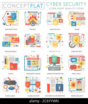 Infographics mini concept Online communication security, computer protection icons for web. Premium quality color conceptual flat icons elements. Cuber security concepts Stock Vector