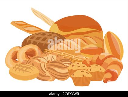 Bakery and pastry products set together. Bread, cupcakes, dough and cakes for bakery shop. Bakery food design Stock Vector