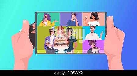 human hands using tablet pc mix race friends celebrating online party having virtual fun celebration concept people discussing during video call horizontal portrait vector illustration Stock Vector
