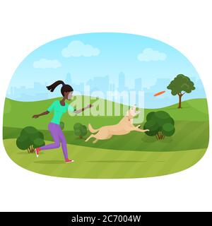 Vector illustration of the African woman playing with dog in the park. Stock Vector