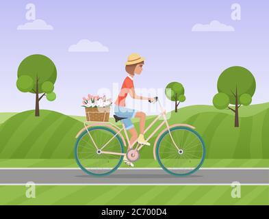 Cheerful woman with flowers in the basket riding a bike on a park road. Vector illustration Stock Vector
