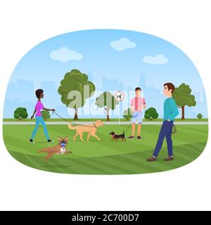 Vector illustration of the people walking with dogs in the park. People dog lovers, dogshops Stock Vector