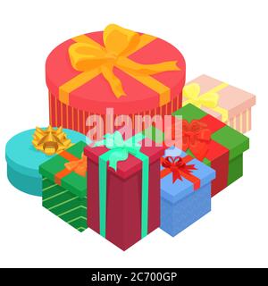 Bright colorful gifts presents boxes. Flat isometric illustration on white background Stock Vector