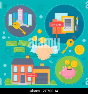 Vector Real estate design concept set with sale and rental market apartment search improvements flat icons infographics design, web elements, poster banners. Vector illustration Stock Vector