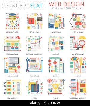 Infographics mini concept Web design icons and digital marketing for web. Premium quality color conceptual flat design web graphics icons. Web app design ui technology concepts Stock Vector