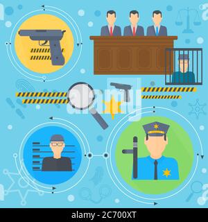 Law and justice design concept with prisoner, policeman and court of law tribunal infographics template icons in circles design, web elements, poster banner, Vector illustration Stock Vector