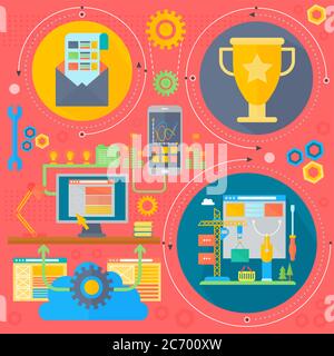 SEO and development concept design infographics template icons in circles design, seo optimization web elements, poster banner vector illustration Stock Vector
