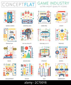 Infographics mini concept Game industry icons for web. Premium quality color conceptual flat design web graphics icons elements. Game industry technology concepts Stock Vector