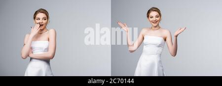 collage of emotional bride in white wedding dress gesturing isolated on grey Stock Photo
