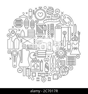 Sewing tools concept in circle - concept line illustration for cover, emblem, badge. Cutting supplies outline icons set Stock Photo
