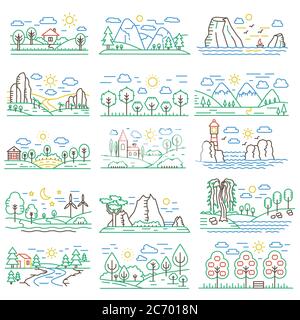 Nature color line landscapes set with mountains, forest fields and river. illustration Stock Photo