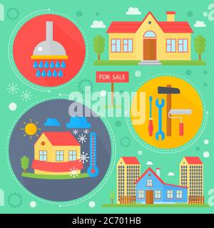 Vector Real estate design concept set with sale and rental market apartment search improvements flat icons infographics design, web elements, poster banners. Vector illustration Stock Vector