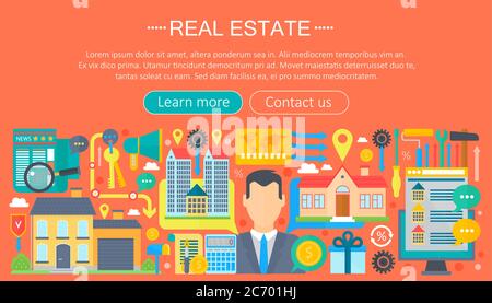 Real estate design concept set with online search apartment rental market buying flat icon infographics template design, web header icons elements. Vector illustration Stock Vector