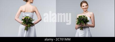 collage of attractive bride in wedding dress holding bouquets of flowers and smiling isolated on grey Stock Photo