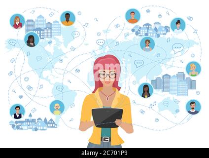 Young woman holding a tablet and communicating people all over the world. Social network and social media concept Stock Vector