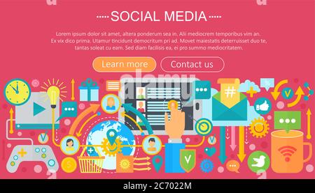 Modern flat design Social media concept. Social media icons Website Header, app design poster. Digital marketing Infographics template. Vector illustration Stock Vector