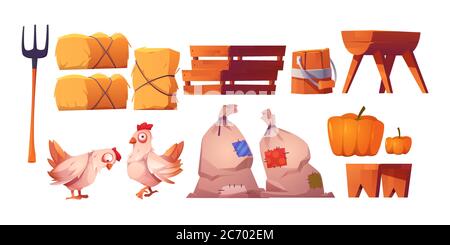 Chickens, straw, bags with harvest and fork isolated on white background. Vector cartoon set of farm icons with hay stacks, wooden boxes, trough and bench, hen and pumpkin Stock Vector
