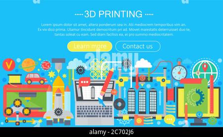 3d printer technology flat concept set. 3d modeling, printing and scanning web header Stock Vector