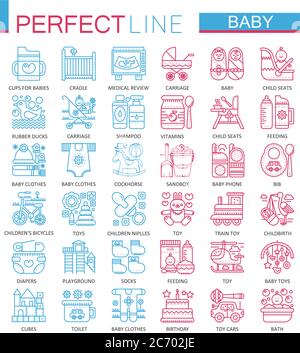 Baby care toys, kid feeding concept symbols. Perfect color thin line icons. Modern linear style illustrations set Stock Vector