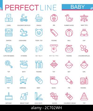 Baby care toys, kid feeding color thin line web icons set Stock Vector