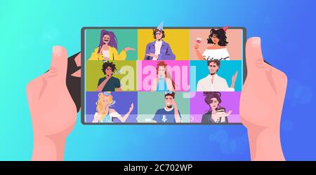 human hands using tablet pc mix race friends celebrating online party having virtual fun celebration concept people discussing during video call horizontal portrait vector illustration Stock Vector